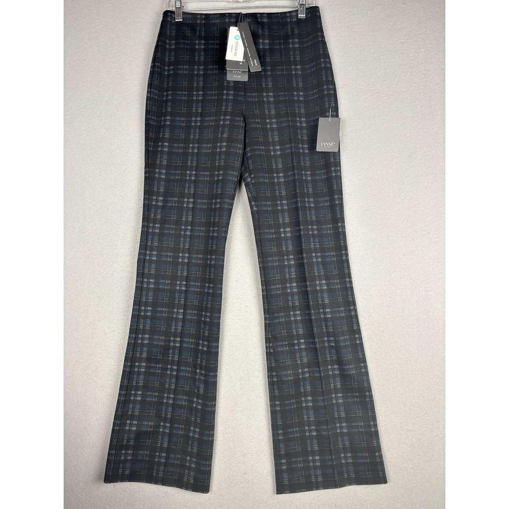 Lysse Pants Womens Large Blue Plaid Ponte Pull On Straight Leg Stretch Office